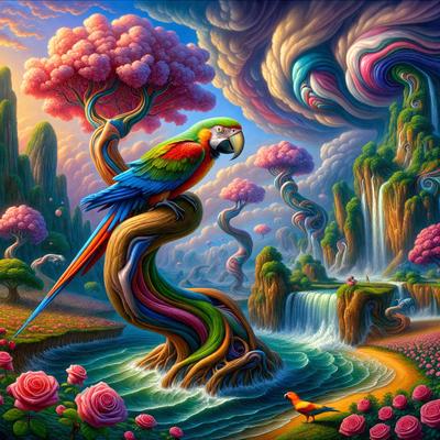 The primary subject of the image is a colorful parrot perched on a tree branch. The setting is a lush, vibrant garden with a waterfall in the background. The visual style is a digital art or illustration, featuring a mix of bright colors and intricate details. The overall atmosphere is lively and full of energy, with the parrot as the focal point of the scene.